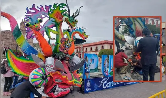 Enorme careta de diablada de la plaza de Armas de Puno cae sobre una mujer y la deja herida