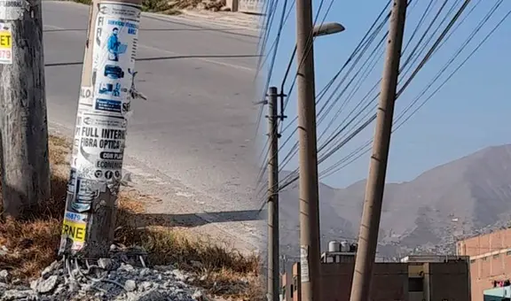 Poste a punto de caer pone en riesgo a vecinos de Chosica: solo se sostiene con los cables de luz