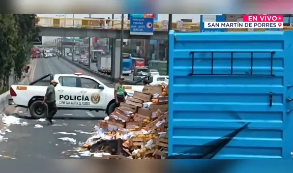 Caos vehicular en SMP: volcadura de camión con mangos bloquea un carril en la Panamericana