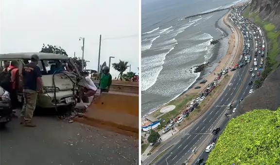 Caos en la Costa Verde: reportan caída de 2 postes tras choque de combi en Miraflores y generan congestión vehicular