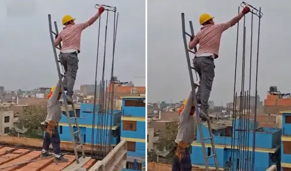 Obreros dejan atónitos a usuarios al usar escalera en techo de vivienda: “Irresponsable”