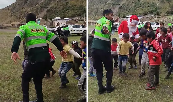 Policía emociona al bailar con niños durante chocolatada: "Lleva en sus venas la raíz del huaylas"