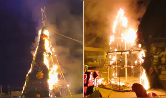 Arequipa: árbol de navidad se incendia en plaza de armas por uso de pirotécnicos durante Noche Buena