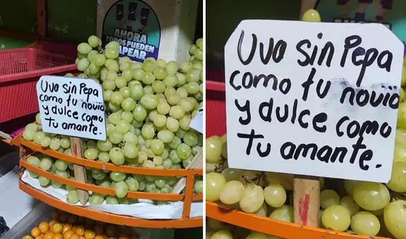 Comerciante peruana de uvas sorprende con ingenioso letrero: “Sin ‘pepa’ como tu novio”