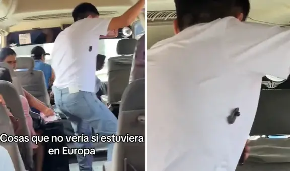 Peruano deja atónitos a usuarios al vestir polo con broche de seguridad en combi