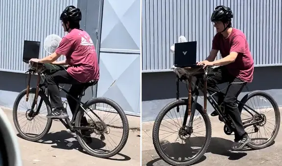 Joven convierte su bicicleta en oficina móvil y sorprende con su insólita modalidad de teletrabajo