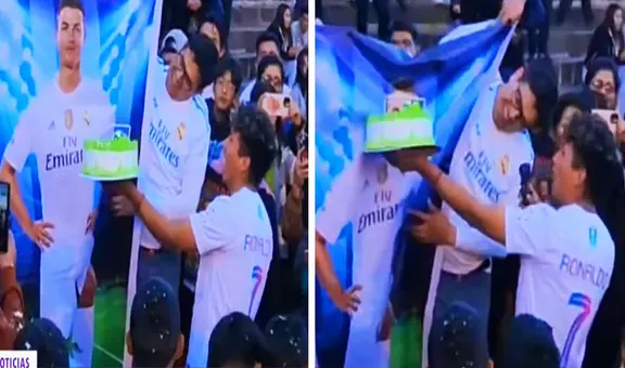 Hinchas peruanos cantaron cumpleaños a un cartel de Cristiano Ronaldo y hasta 'mordió' la torta: "Bicholovers"