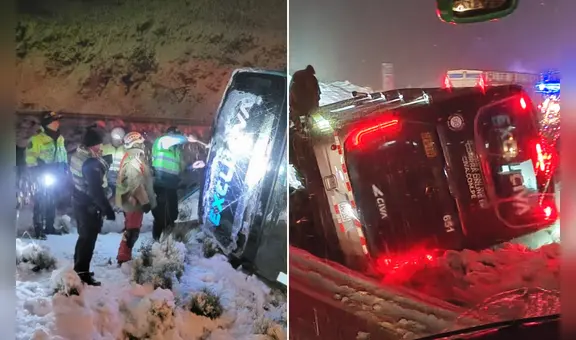 Bus de empresa CIVA lleno de pasajeros se vuelca en Ticlio por fuerte nevada: reportan al menos 11 heridos