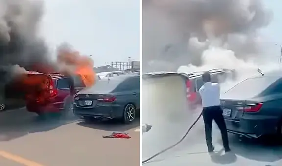 Auto se incendia en estacionamiento del aeropuerto Jorge Chávez y taxistas apagan el fuego con un extintor