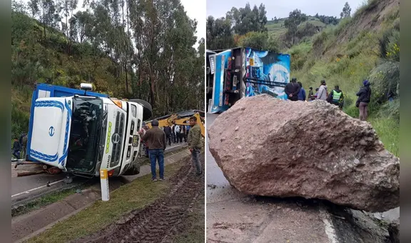 Chofer vuelca camión en la Carretera Central para esquivar roca gigante y se salva de milagro en Jauja