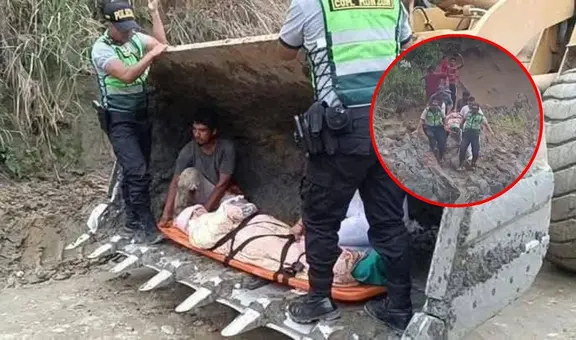 Madre y su bebé recién nacido son rescatados en cargador frontal tras quedar atrapados en ambulancia por huaico