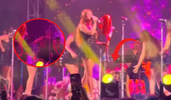 Susana Alvarado sufre aparatosa caída en pleno concierto de Corazón Serrano en Trujillo y es auxiliada por sus compañeras