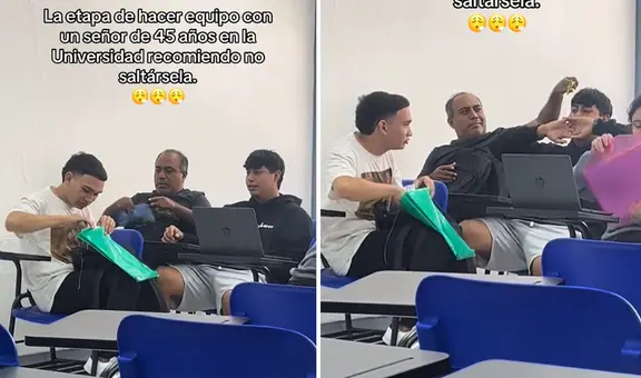 Jóvenes universitarios incluyeron a hombre de 45 años en su grupo y escena es viral: "Nunca es tarde"