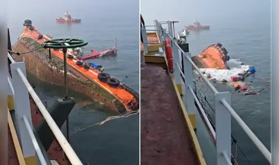Así fue el momento exacto del hundimiento de buque que chocó con remolcadora en altamar y dejó 6 heridos