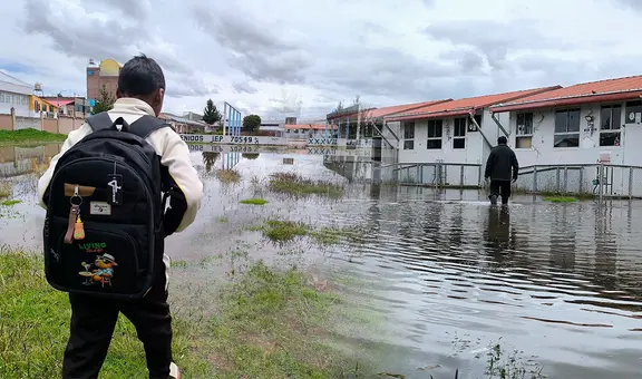 Estudiantes inician clases con patio y aulas inundadas tras fuertes lluvias en Puno