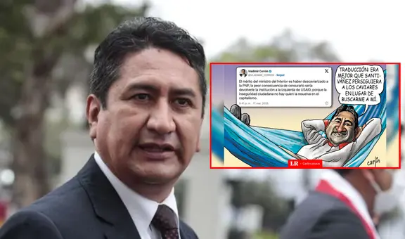Prófugo Vladimir Cerrón y su apoyo a Santiváñez: Carlincatura expone respaldo del líder de Perú Libre al exministro que debía capturarlo