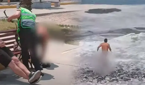 ¡Como en Baywatch! Policía se quita el uniforme para salvar a un bañista que estaba ahogándose en playa de Miraflores