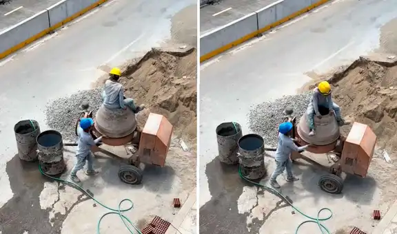 Albañiles son captados jugando con la máquina mezcladora: "Se nota que no está el jefe"