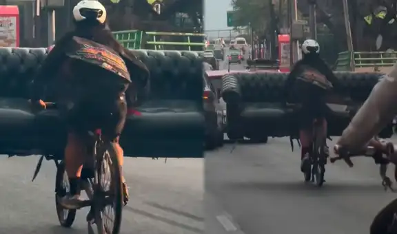 Ciclista sorprende a conductores en México al trasladar un sofá en su bicicleta: “Resolvió”