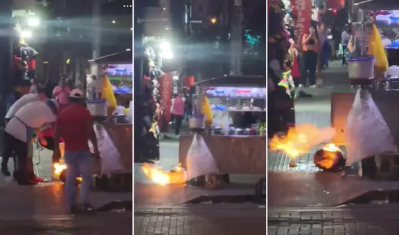 Balón de gas de carrito emolientero se incendia en Gamarra y desata pánico entre comerciantes y transeúntes