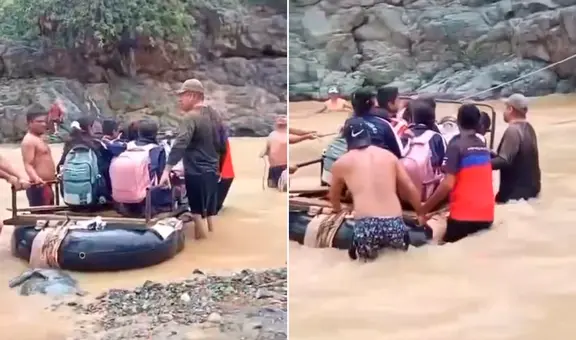 Escolares usan balsas para llegar a su colegio tras intensas lluvias y activación de quebradas en Piura