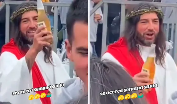 Hombre vestido de Jesús es captado con cerveza en feria y desata risas en redes sociales: “Está celebrando por Semana Santa”
