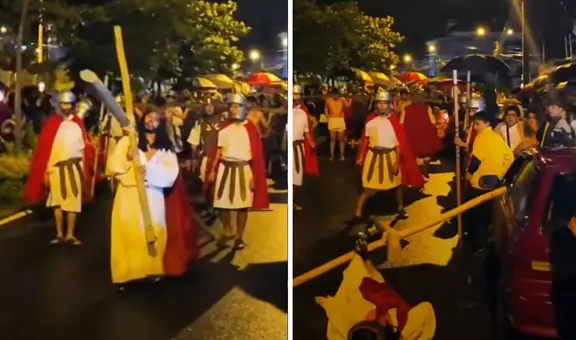 Hombre vestido de Jesús rompe ventana de auto con cruz y genera múltiples reacciones: "Que Dios se lo pague"