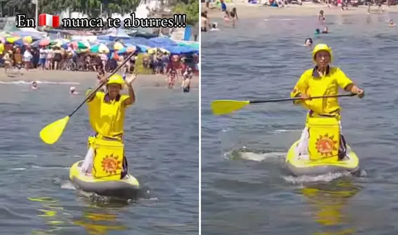 Heladero causa sensación en playa de Lima al usar tabla para vender en el mar: “Merece un premio”