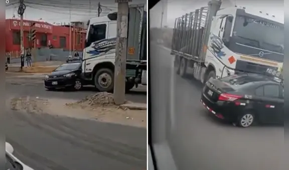Camión arrastra un taxi por tres cuadras en Trujillo; testigos grabaron el incidente que no dejó heridos