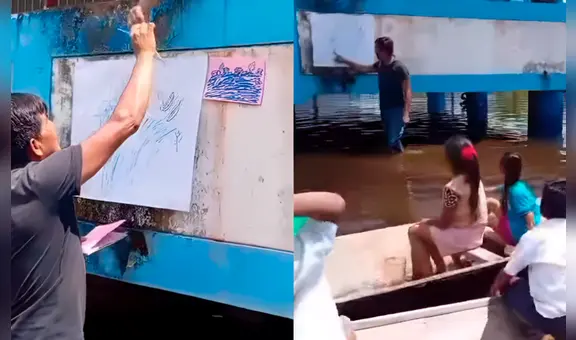 Escolares Kukama del colegio San José de Samiria reciben clases en una canoa tras inundación de su colegio en Loreto