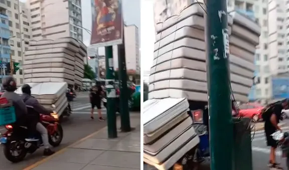 Mototaxista peruano sorprende al apilar colchones como torres sobre su vehículo y las redes estallan: “Sin miedo al éxito”