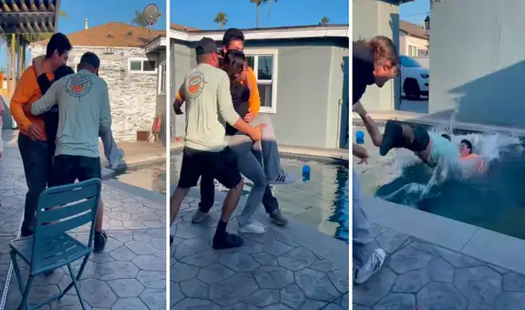 Jóvenes intentan lanzar a su amiga a la piscina, pero terminan cayendo ellos solos: "Adoro los finales felices"