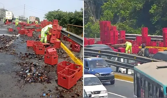 Decenas de cajas de cerveza quedan regadas en la Vía de Evitamiento tras accidente de camión de carga