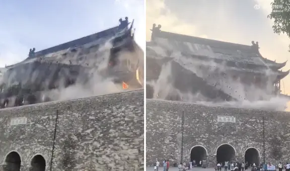 Más de 600 años en pie y cayó tras una reciente restauración: imágenes impactantes del derrumbe de una torre china