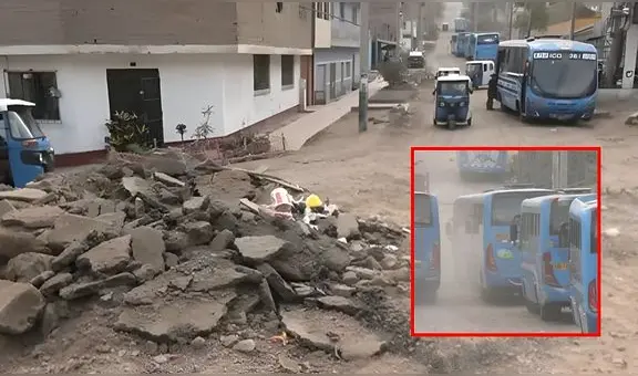 Pistas completamente destrozadas en VMT fueron tomadas por buses de la empresa Traslima como estacionamiento informal