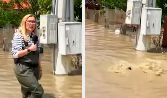 Reportera cubría inundaciones por lluvias, pero se hunde durante transmisión y usuarios bromean: “Su informe se fue al agua”
