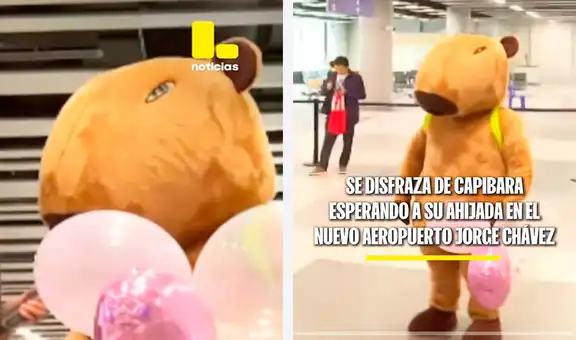 Hombre va disfrazado de capibara al nuevo aeropuerto Jorge Chávez para recibir a su ahijada que llega a Perú