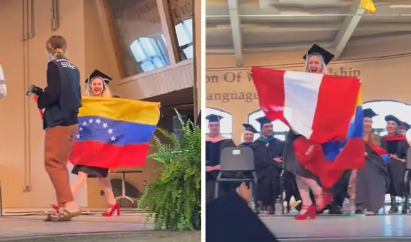 Venezolana se gradúa en EE. UU. y sorprende al alzar la bandera peruana como símbolo de gratitud