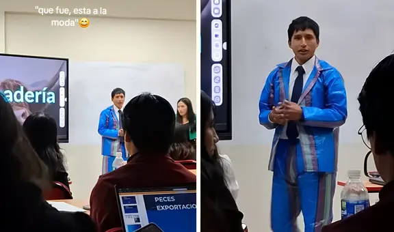 Universitario asiste a exposición con terno inspirado en bolsas de mercado y sorprende: “Calle, pero elegante”