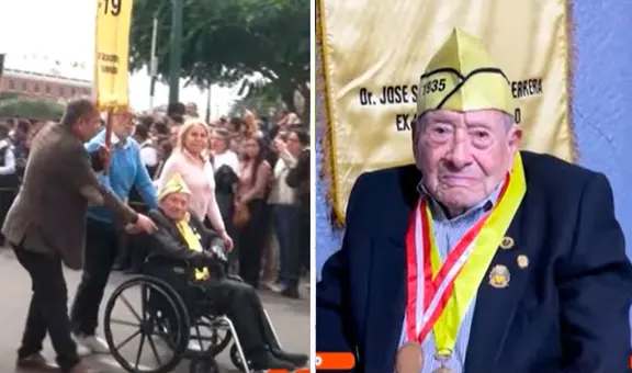 ¡Increíble! Adulto mayor de 108 años emociona a estudiantes al participar en desfile escolar en la Plaza de Armas de Trujillo
