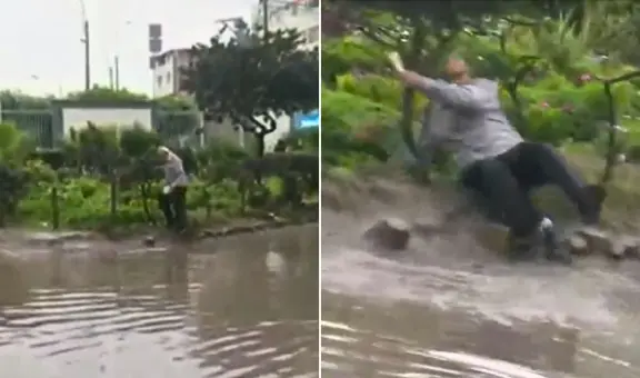 Adulto mayor sufre aparatosa caída por agua empozada tras lluvias fuera de hospital en Villa El Salvador