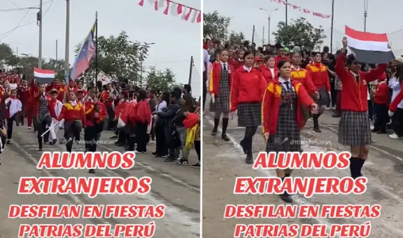Delegación de alumnos extranjeros se hace presente en desfile escolar y son la sensación en redes: "Los queremos mucho"
