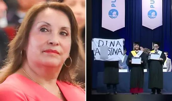 Egresado protesta contra Dina Boluarte con cartel en mano durante su graduación en la universidad
