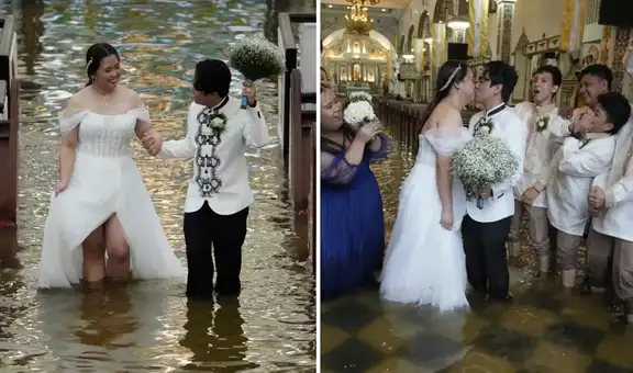 Pareja en Filipinas contrajo matrimonio en una iglesia inundada por las lluvias del tifón Whipa: "Es un sacrificio"