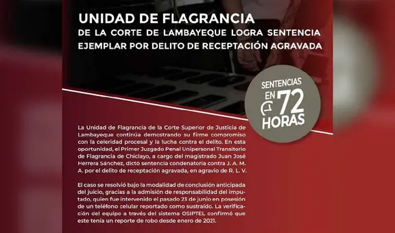 Unidad de Flagrancia de la Corte de Lambayeque logra sentencia ejemplar por delito de receptación agravada