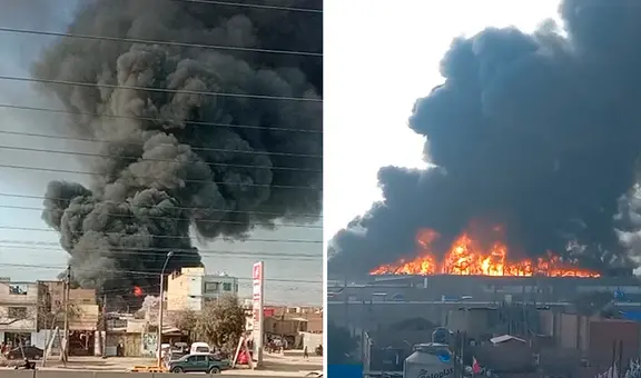 Feroz incendio consume fábrica en Óvalo Zapallal, en Puente Piedra: 8 unidades de bomberos en la emergencia