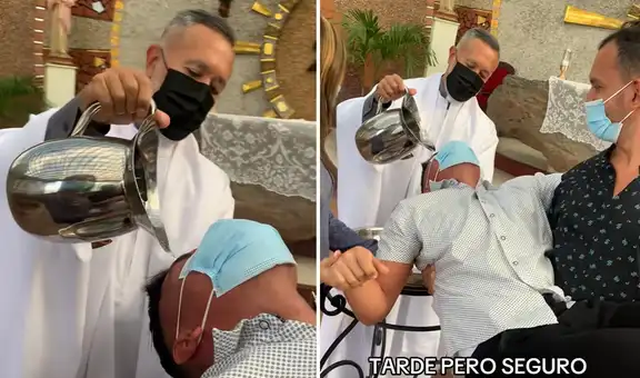 Joven se bautiza a los 26 años y pidió que lo carguen para recibir agua bendita: “Su padrino es su compadre”
