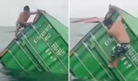 Pescador en Callao se sube a contenedor que cayó al mar peruano para sacar artículos y en redes dicen: "Quería saber qué venía en las cajas"