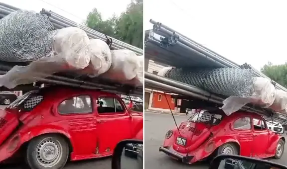 Conductor sorprende a ciudadanos en Trujillo al llevar enorme carga en pequeño Volkswagen