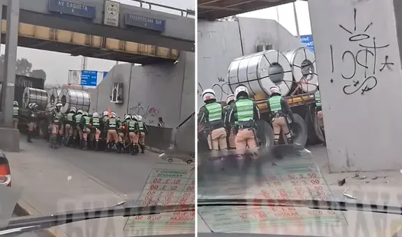 Policías intentan mover en grupo un tráiler con carga y el video se vuelve viral: "Jutsu de clones"